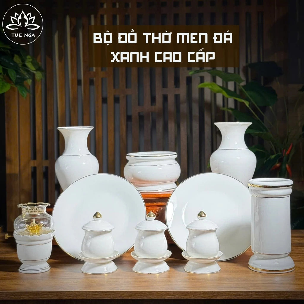 Bộ đồ thờ gốm sứ vân đá Trắng cao cấp, bộ đồ thờ gia tiên, đồ thờ thần tài - Tuệ Nga