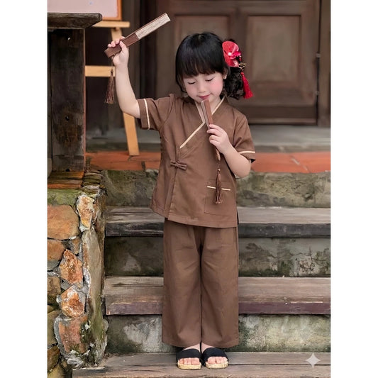 Pháp phục đi chùa cho bé trai, bé gái cổ vạt chéo lụa nhuyễn mềm mát Đồ lam cho bé đi lễ từ 16-40kg