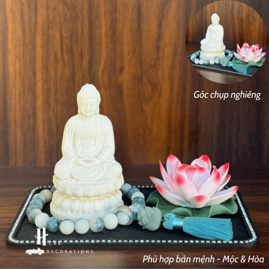 Set Tượng Phật Thích Ca A Di Đà Hạt Ngà + Hoa – Tọa Đài Sen Thiền Định – Trang Trí Taplo Ô Tô, Bàn Làm Việc