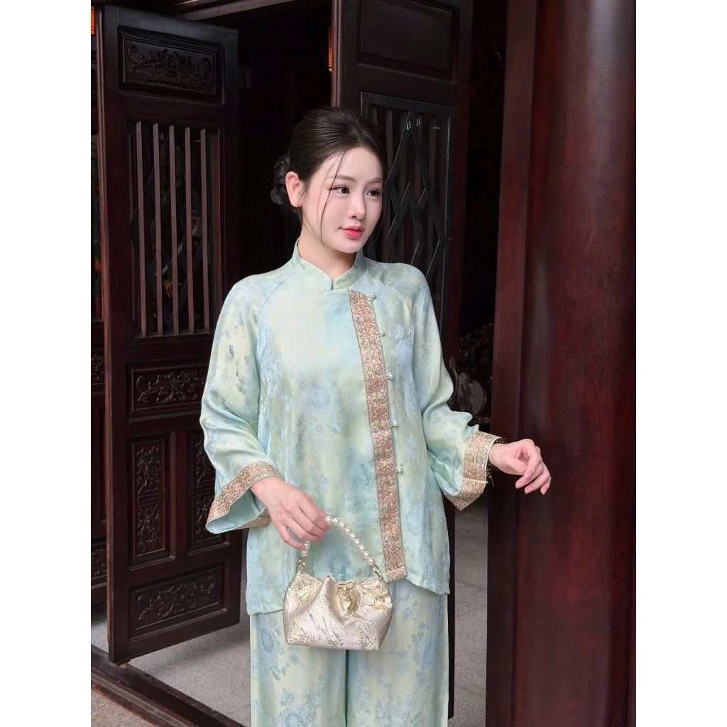 PP448 pháp phục nữ chất liệu tơ tằm hạ xuân hoa kết hợp viền ren thêu đính kết chỉ ngũ sắc kim sa