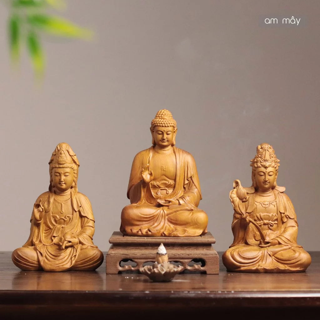 Bộ Tượng Tây Phương Tam Thánh cao 20cm + đế gỗ cao 6cm gỗ Bách