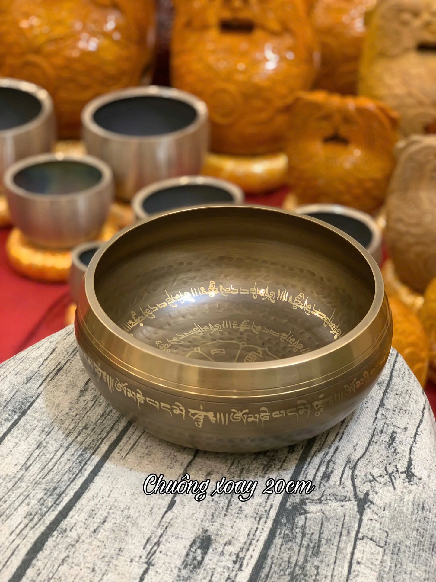 [20cm] Chuông Xoay Nepal - Tặng Kèm Đế Gỗ + Dùi Gỗ