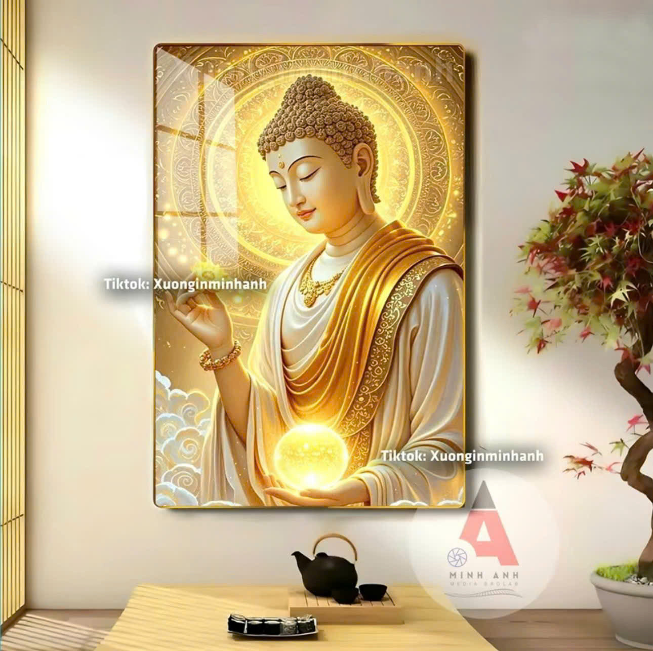 P14 - Tranh tráng gương Phật nghiêng tay hoa tay trăng