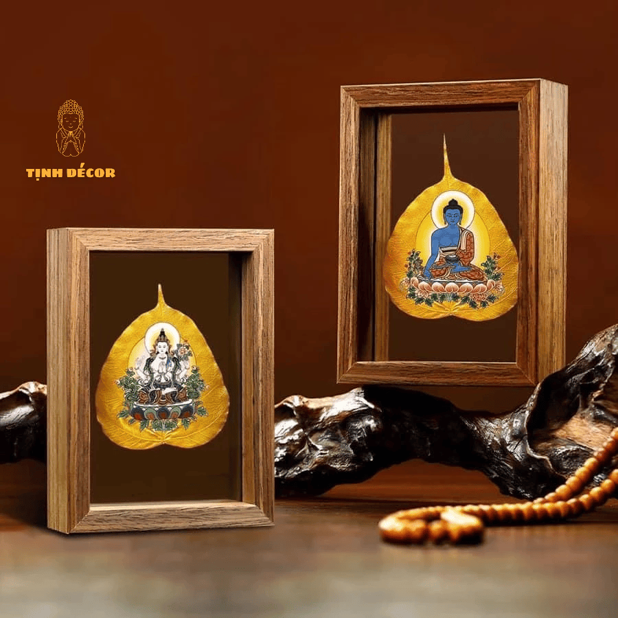 TRANH PHẬT VẼ THỦ CÔNG TRÊN LÁ BỒ ĐỀ THẬT - Khung tranh Phật - Decor phòng thờ, phòng làm việc