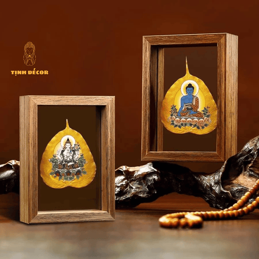TRANH PHẬT VẼ THỦ CÔNG TRÊN LÁ BỒ ĐỀ THẬT - Khung tranh Phật - Decor phòng thờ, phòng làm việc