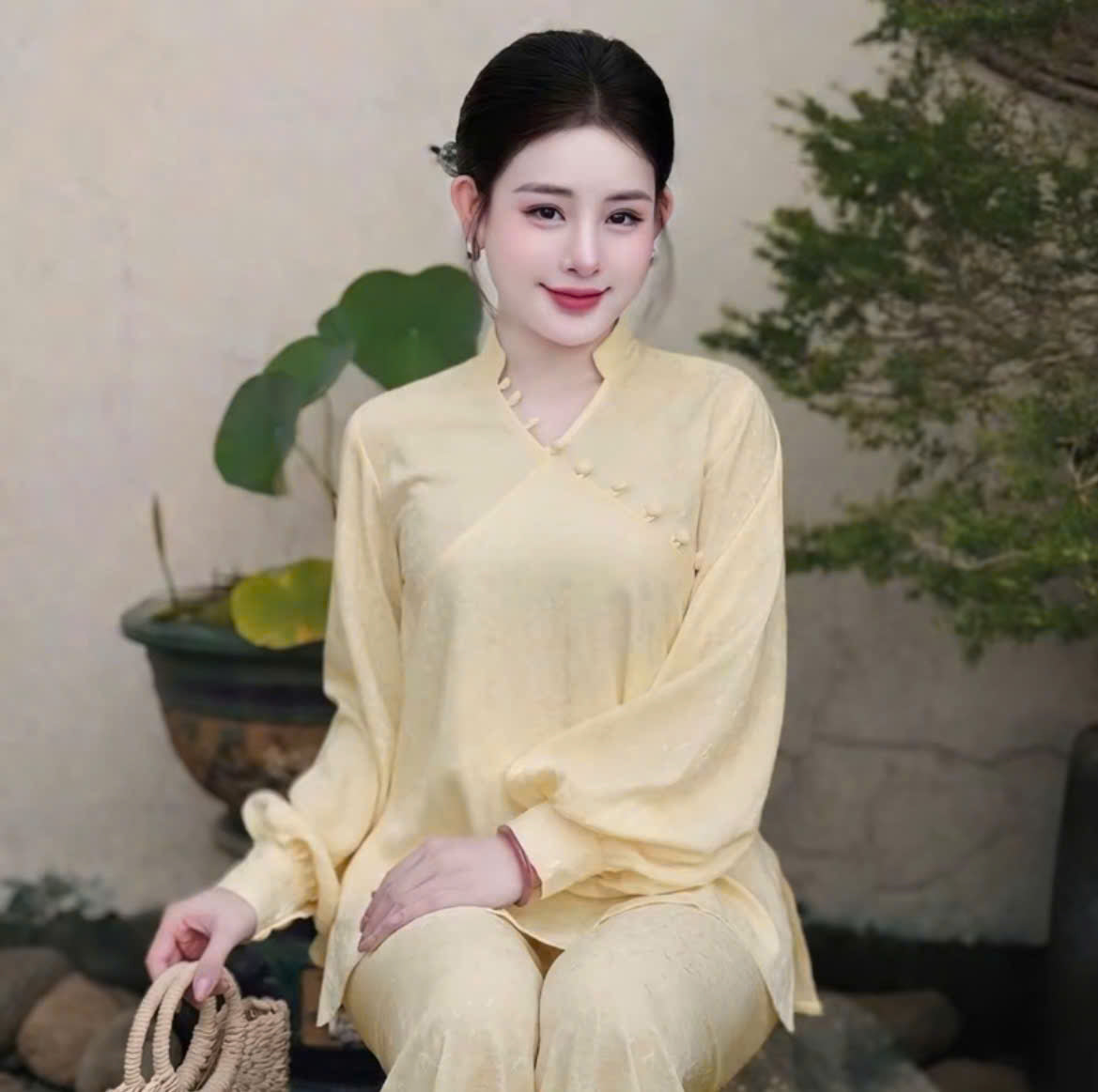 Tâm An pháp phục PP01 Bộ lam đi chùa tay bồng cúc bọc chéo họạ tiết hoa cúc chất liệu lụa gấm 2 da cao cấp không nhăn không bai màu