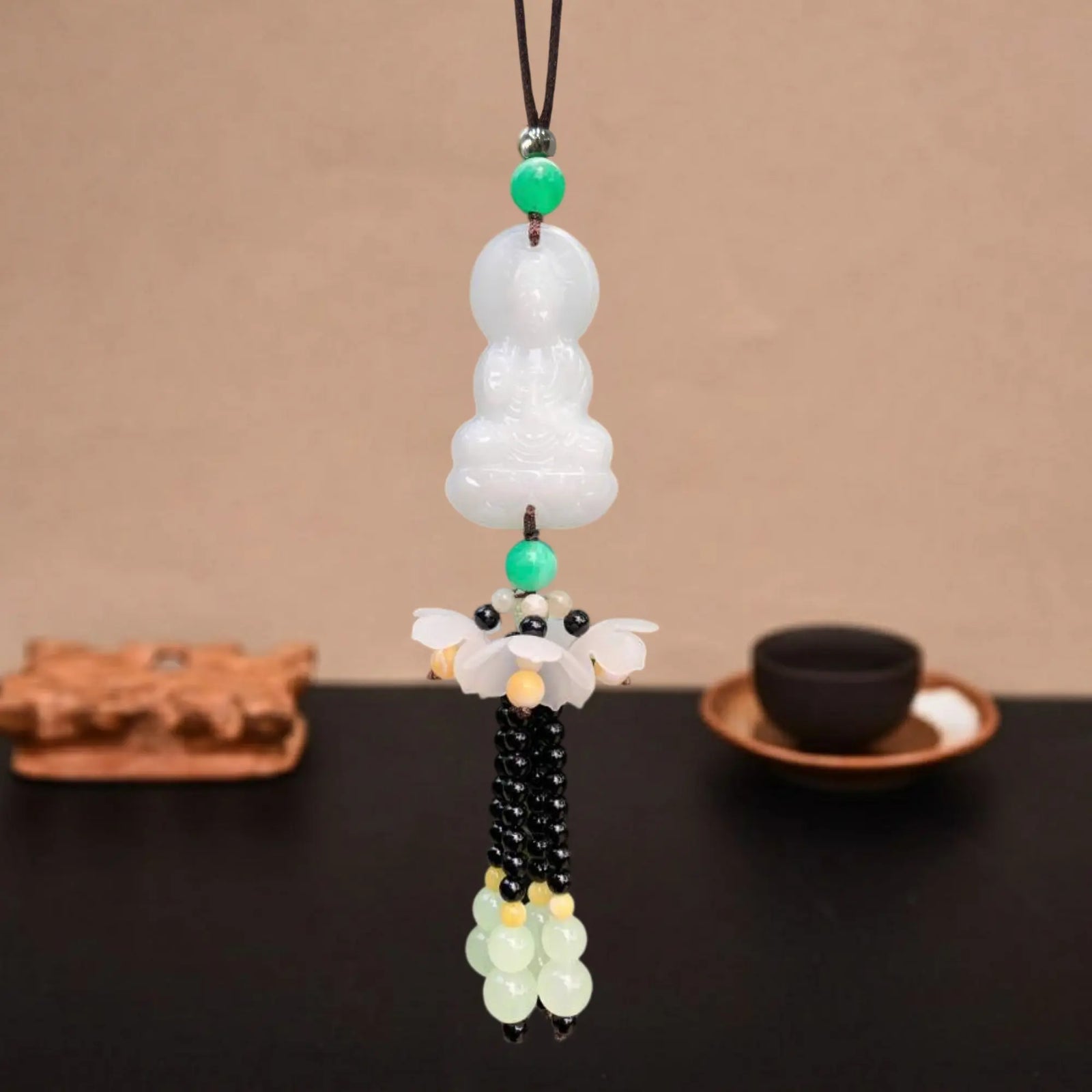 [Sale 70% Mừng Vu Lan] Khánh Treo Xe Phật Quan Âm Chuỗi Hoa Trắng Trang Trí Ô Tô, Nhà Cửa, Bàn Làm Việc Cao Cấp