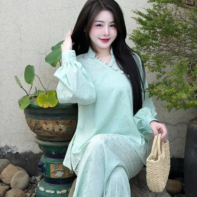 Tâm An pháp phục PP01 Bộ lam đi chùa tay bồng cúc bọc chéo họạ tiết hoa cúc chất liệu lụa gấm 2 da cao cấp không nhăn không bai màu