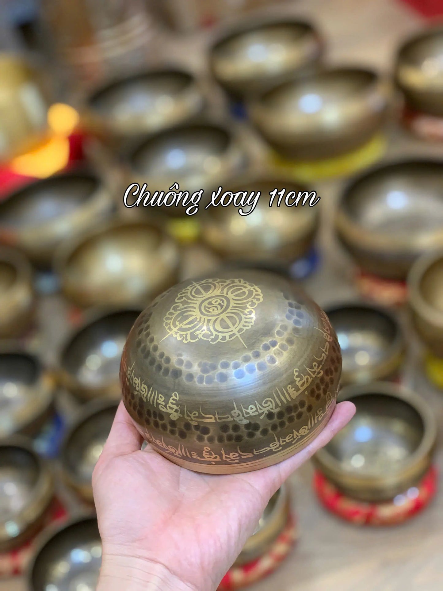[11cm] Chuông Xoay Nepal - Tặng Kèm Đế Gỗ + Dùi Gỗ