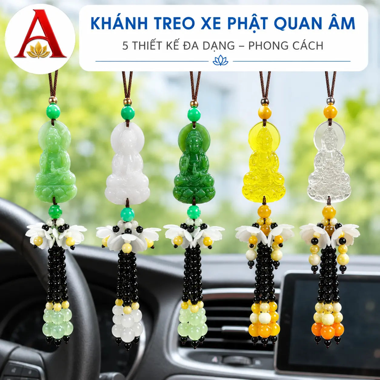 [Sale 70% Mừng Vu Lan] Khánh Treo Xe Phật Quan Âm Chuỗi Hoa Trắng Trang Trí Ô Tô, Nhà Cửa, Bàn Làm Việc Cao Cấp