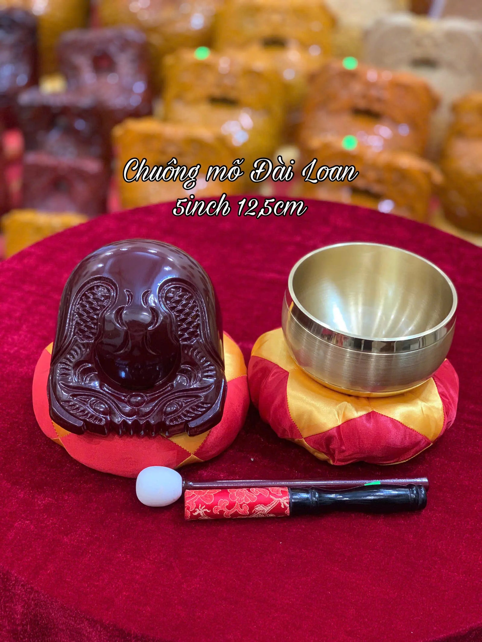 [5 inch] Bộ chuông Mõ Đài Loan - Chuông Vàng - Mõ Gỗ Long Não