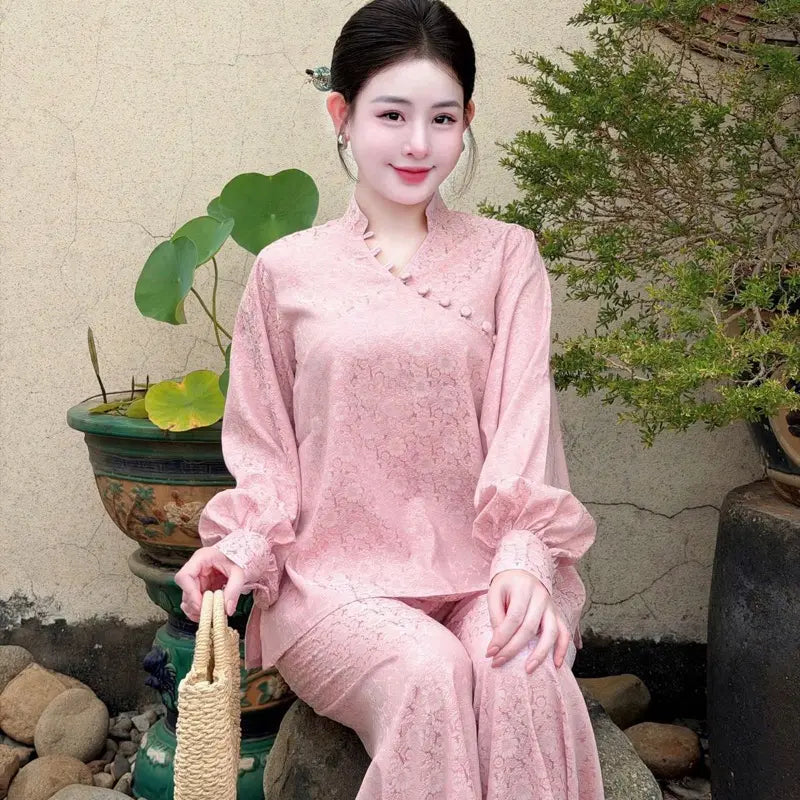 Tâm An pháp phục PP01 Bộ lam đi chùa tay bồng cúc bọc chéo họạ tiết hoa cúc chất liệu lụa gấm 2 da cao cấp không nhăn không bai màu