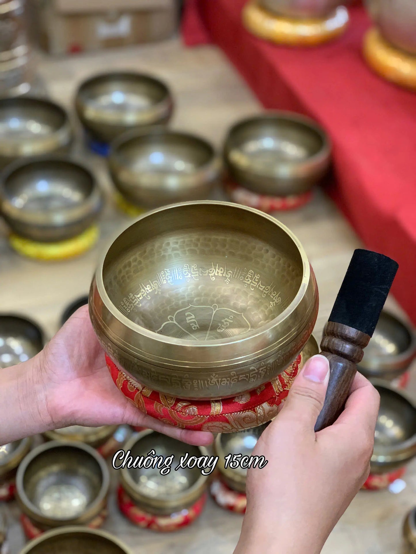[15cm] Chuông Xoay Nepal - Tặng Kèm Đế Gỗ + Dùi Gỗ