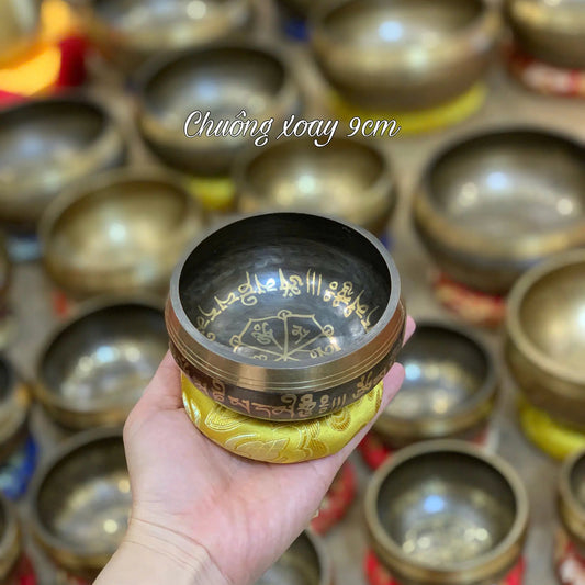 [9cm] Chuông Xoay Nepal - Tặng Kèm Đế Gỗ + Dùi Gỗ