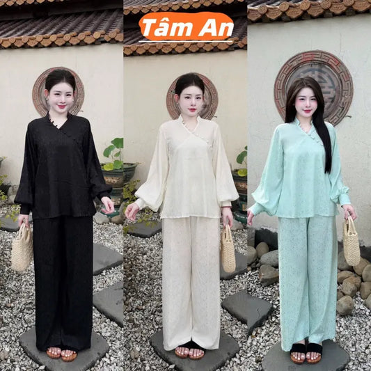 Tâm An pháp phục PP01 Bộ lam đi chùa tay bồng cúc bọc chéo họạ tiết hoa cúc chất liệu lụa gấm 2 da cao cấp không nhăn không bai màu