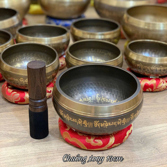 [13cm] Chuông Xoay Nepal - Tặng Kèm Đế Gỗ + Dùi Gỗ