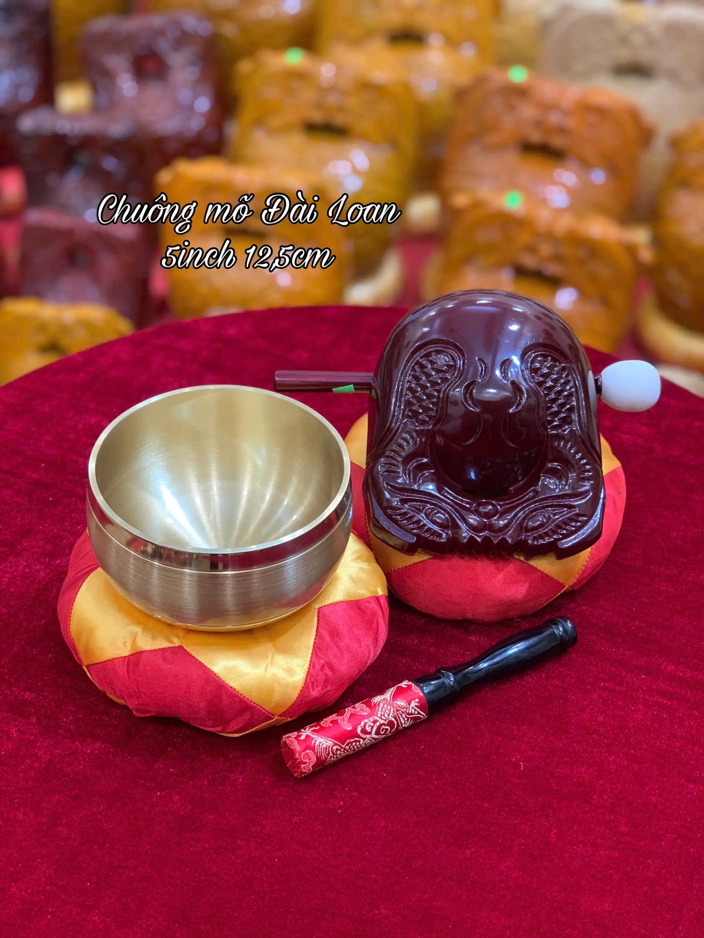[5 inch] Bộ chuông Mõ Đài Loan - Chuông Vàng - Mõ Gỗ Long Não
