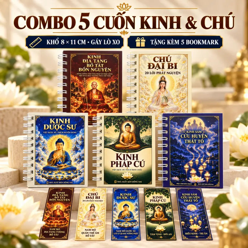 Kinh Mini – Chú Đại Bi, Địa Tạng, Dược Sư, Pháp Cú, Sám Cửu Huyền Thất Tổ - Kèm Bookmark, Gáy Lò Xo