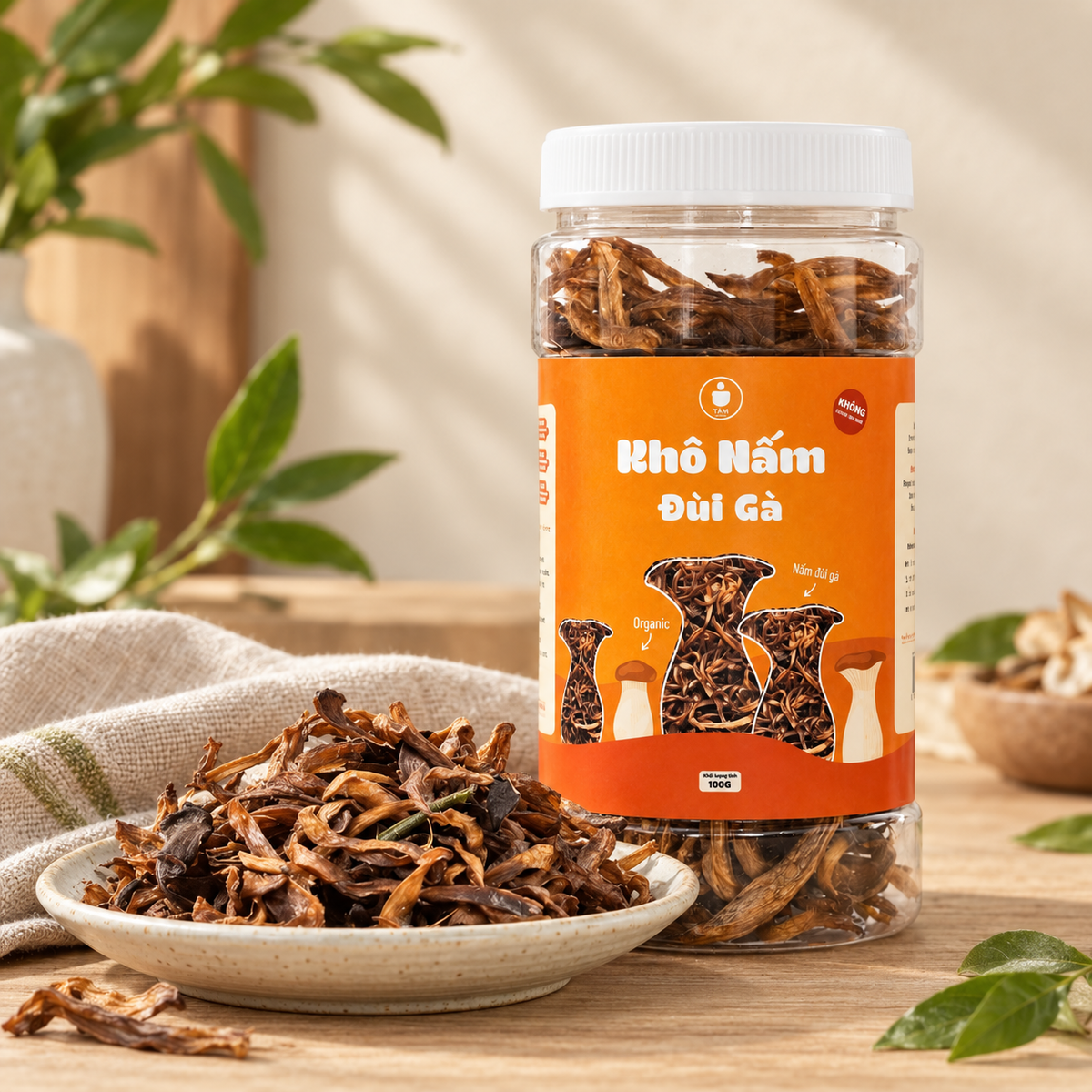 Khô Nấm Đùi Gà Không Tỏi Tiệm Chay Nhà Tâm 100g - A09
