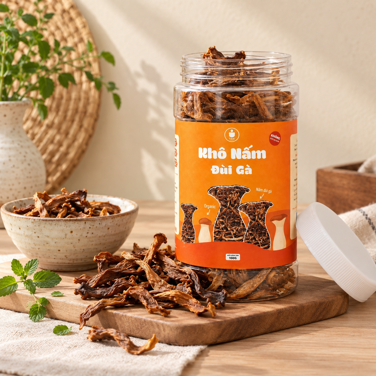 Khô Nấm Đùi Gà Không Tỏi Tiệm Chay Nhà Tâm 100g - A09