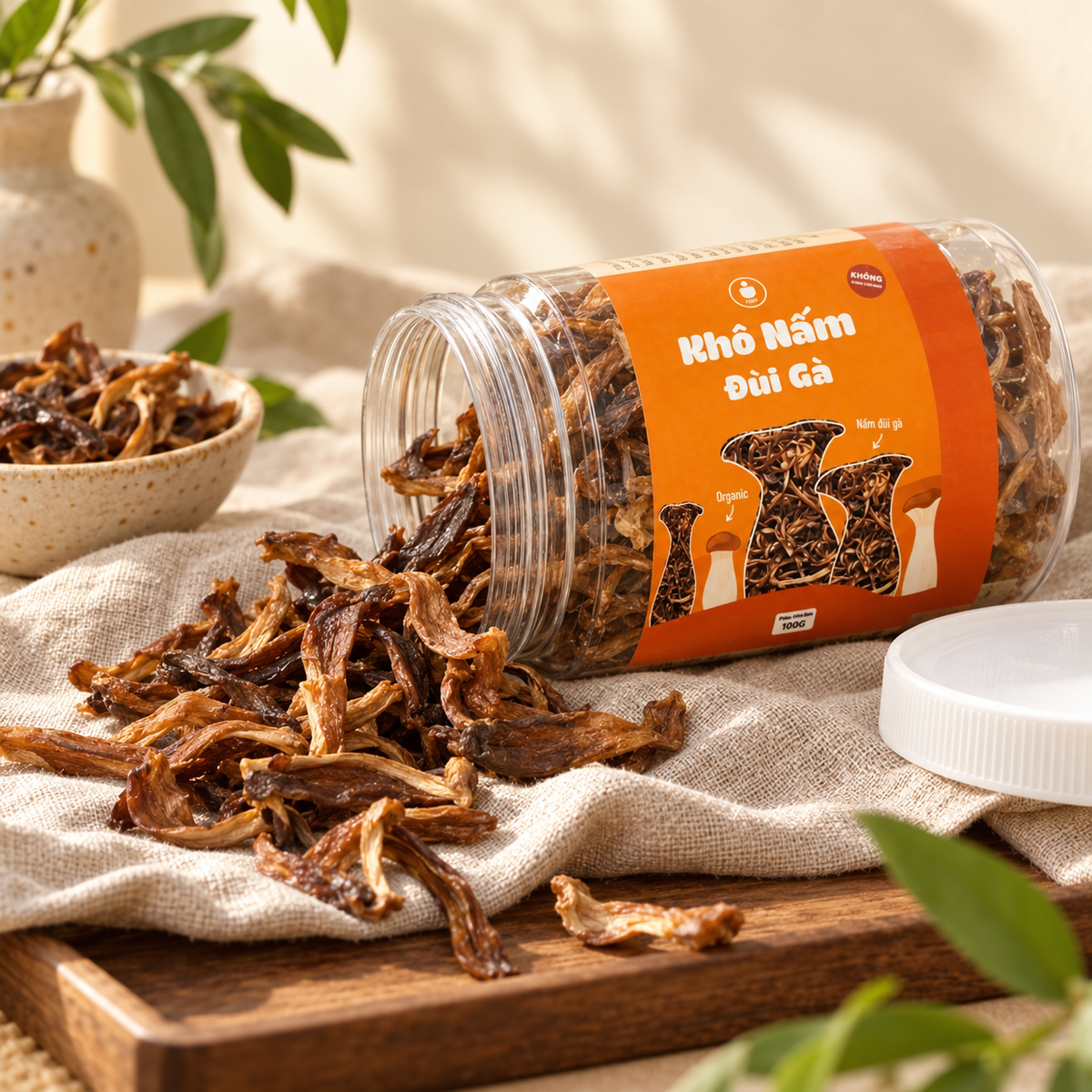 Khô Nấm Đùi Gà Không Tỏi Tiệm Chay Nhà Tâm 100g - A09