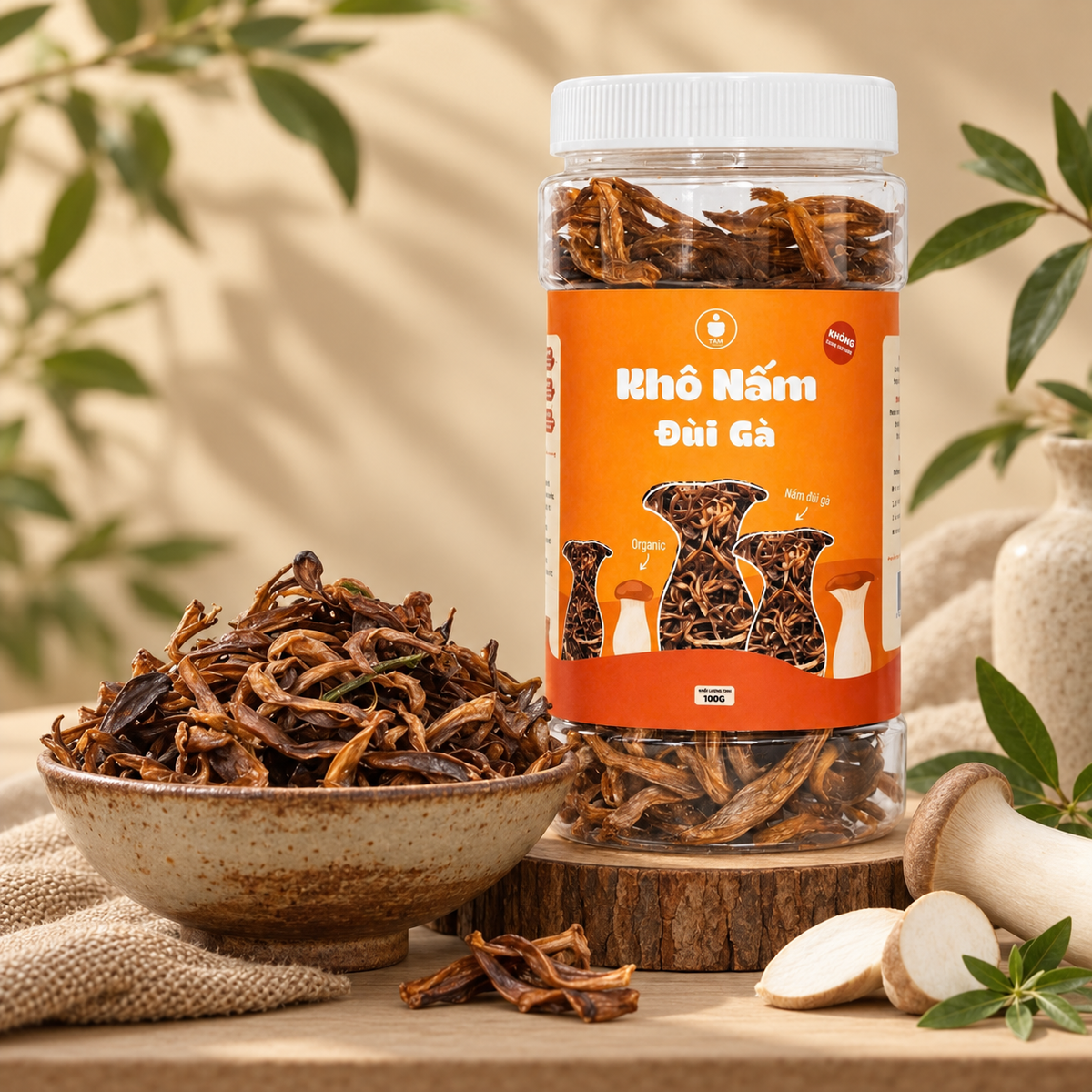 Khô Nấm Đùi Gà Không Tỏi Tiệm Chay Nhà Tâm 100g - A09
