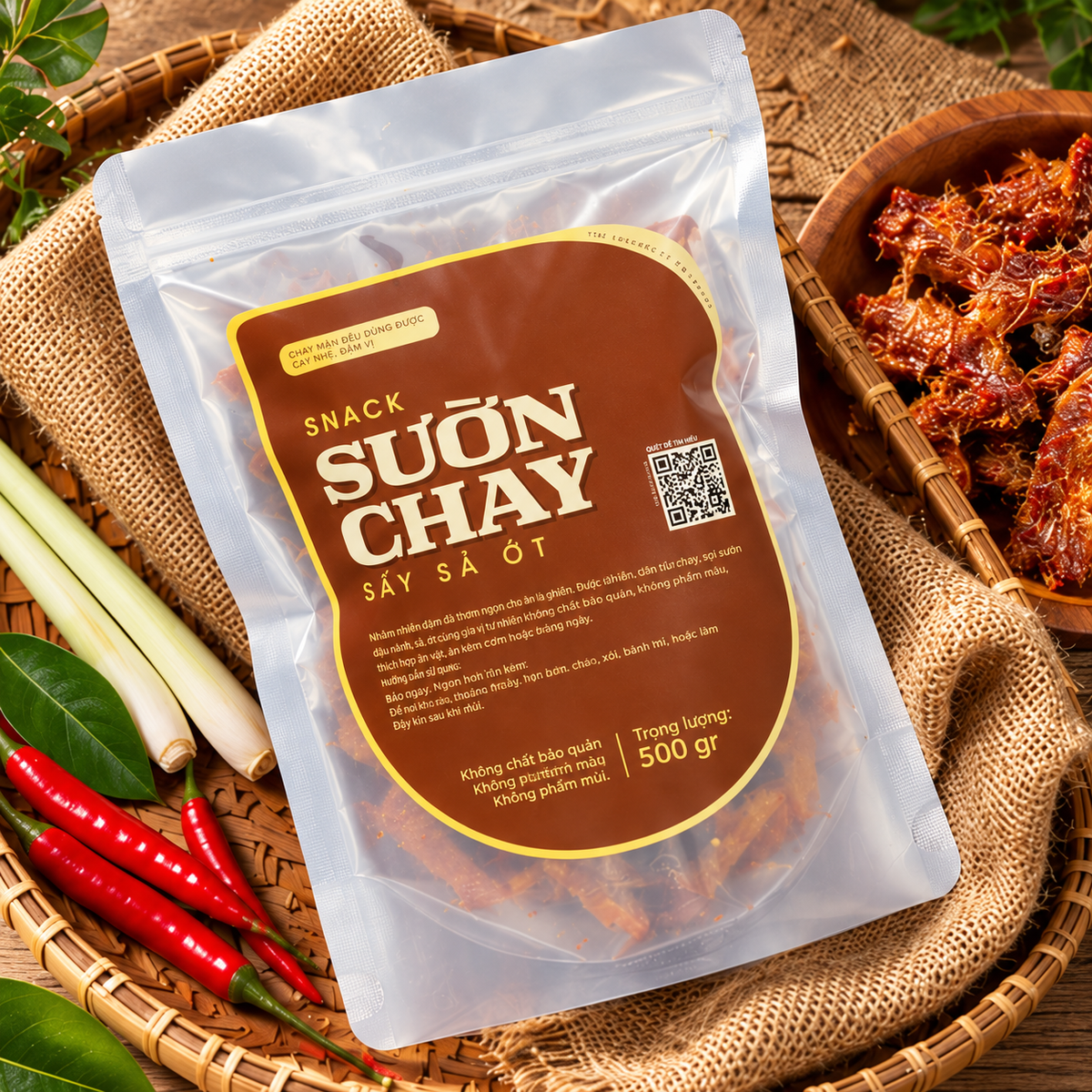 Sườn chay sấy sả ớt túi lớn - Thơm ngon giòn, đóng túi 500g - A15