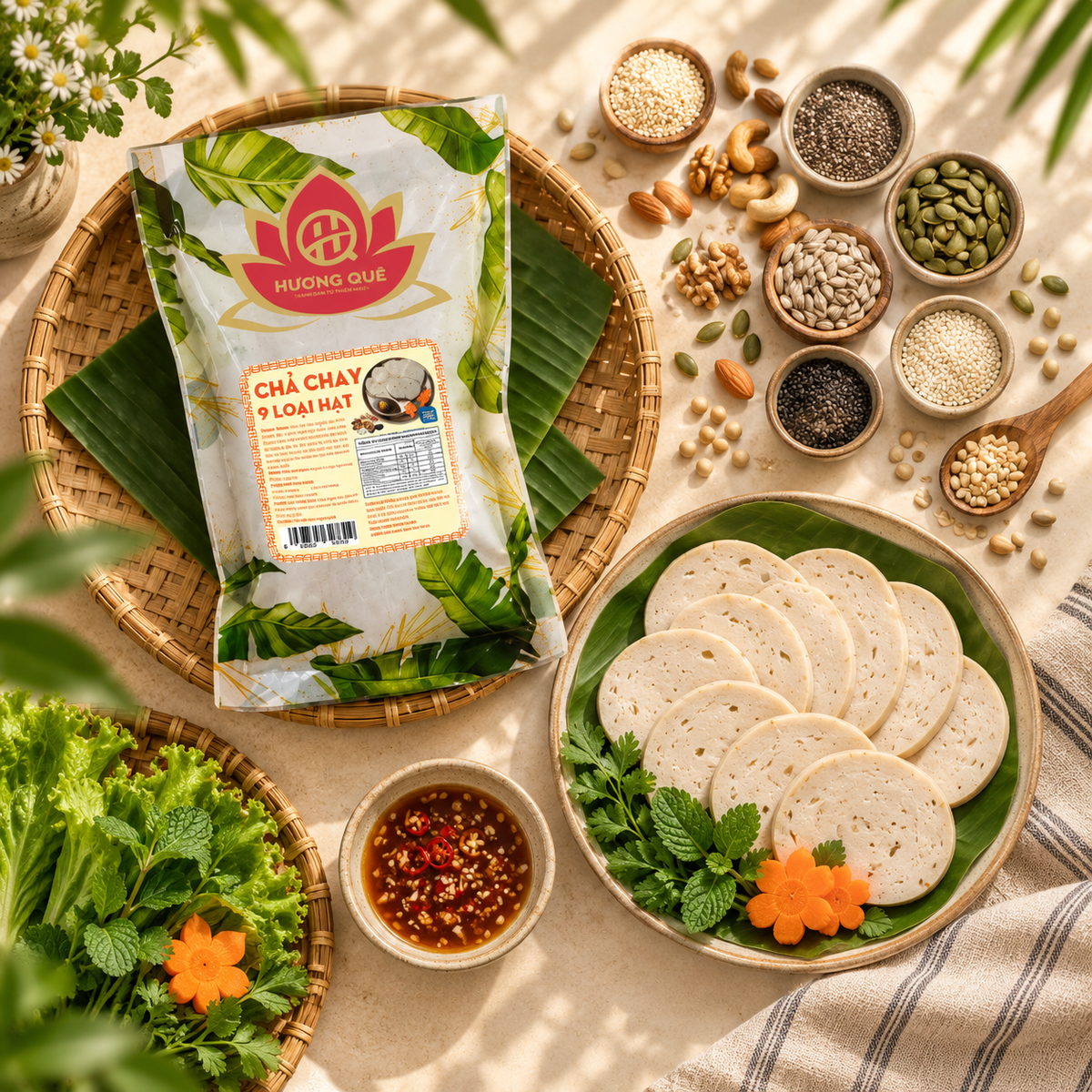 3 Đòn Chả Chay 9 Loại Hạt Ngũ Cốc 250g - Tiệt Trùng Ăn Liền - A34