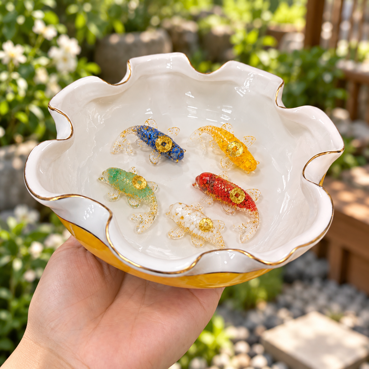 [Tặng 5 cá koi trang trí ngũ hành] BÁT THẢ HOA VÂN ĐÁ TẮM PHẬT - BÁT MINH ĐƯỜNG TỤ THỦY SIZE 20CM