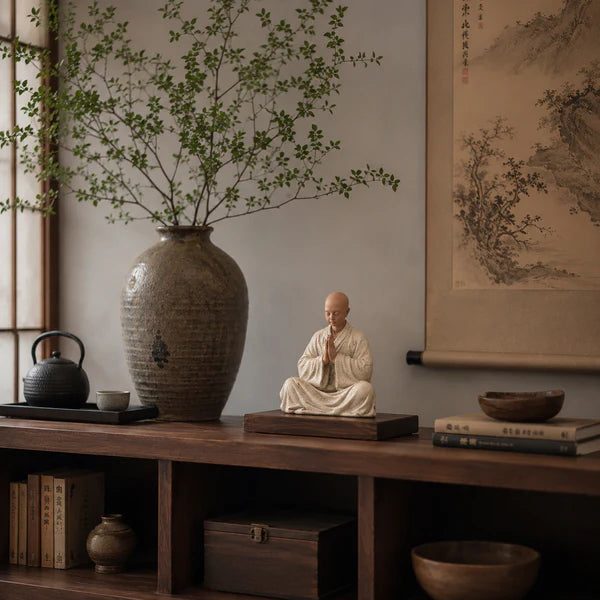 Tượng Thiền Sư Chắp Tay An Nhiên – Decor Bàn Trà, Phòng Làm Việc - Tượng Decor Chất Liệu Bột Đá Cao Cấp.