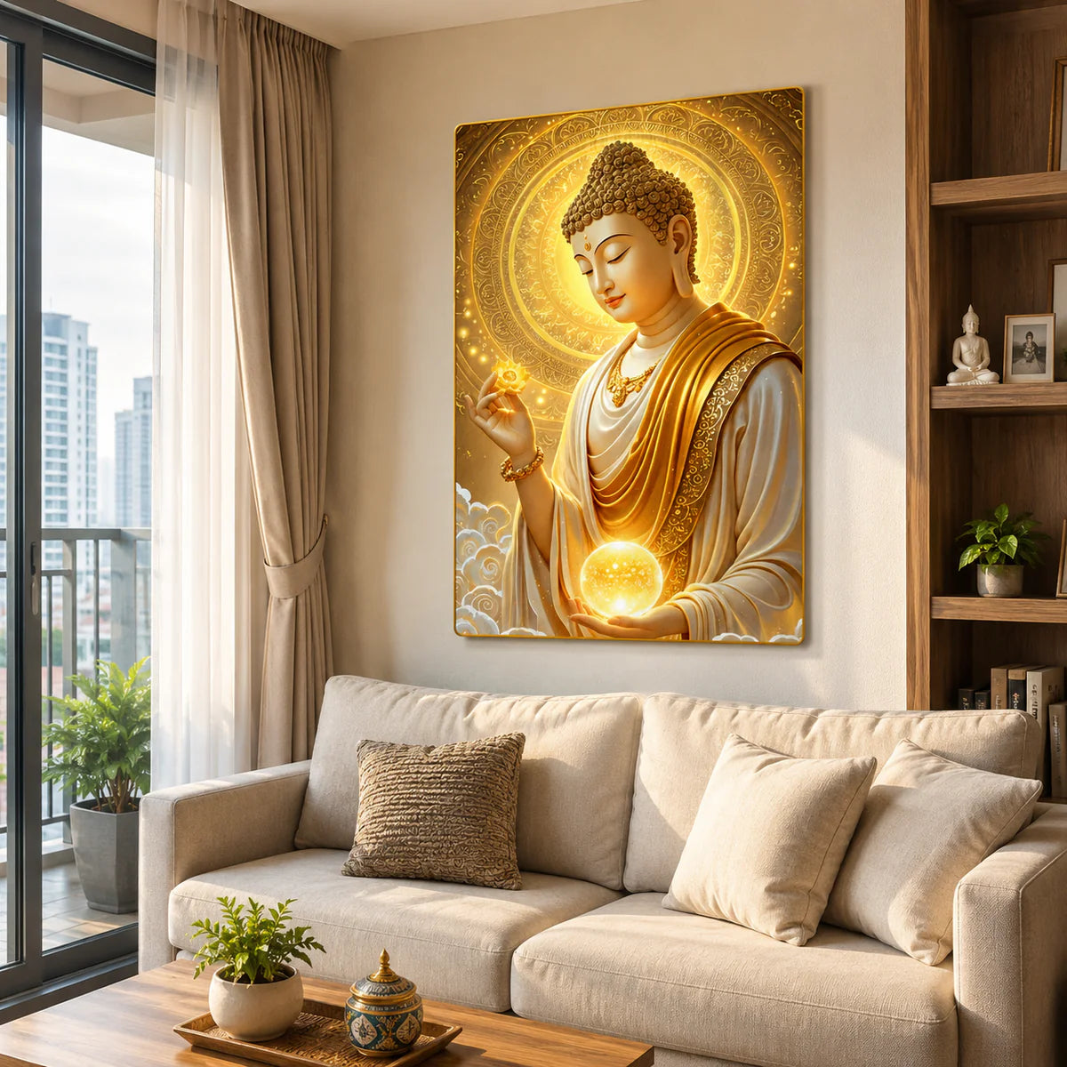 P14 - Tranh tráng gương Phật nghiêng tay hoa tay trăng