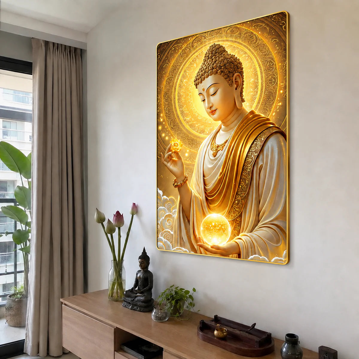 P14 - Tranh tráng gương Phật nghiêng tay hoa tay trăng