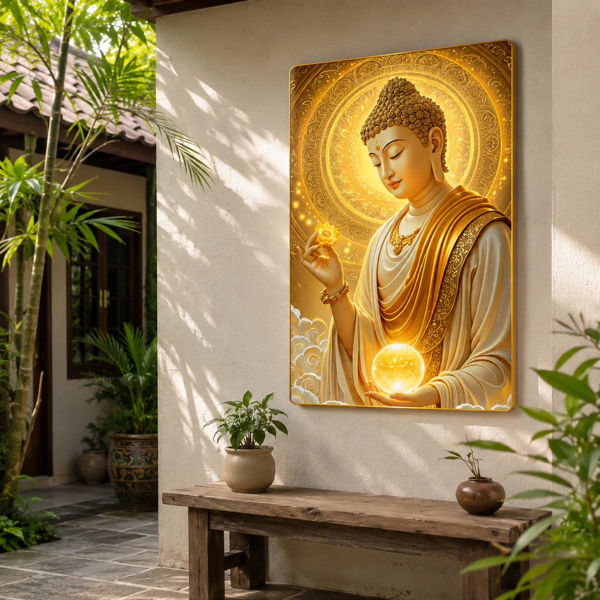 P14 - Tranh tráng gương Phật nghiêng tay hoa tay trăng