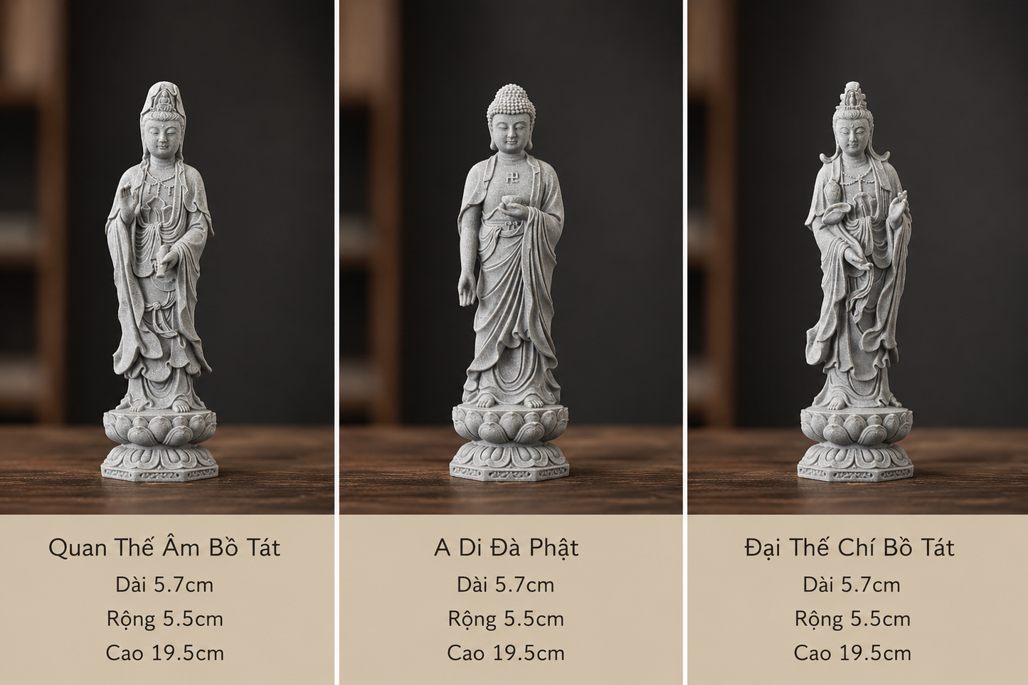 Bộ Tượng Tây Phương Tam Thánh – Phật A Di Đà, Quan Thế Âm Bồ Tát, Đại Thế Chí Bồ Tát - Tượng Decor Bột Đá Cao Cấp