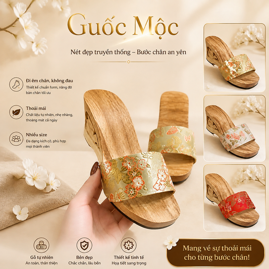 Guốc mộc truyền thống đe 7 Phân quai gấm hoa bướm