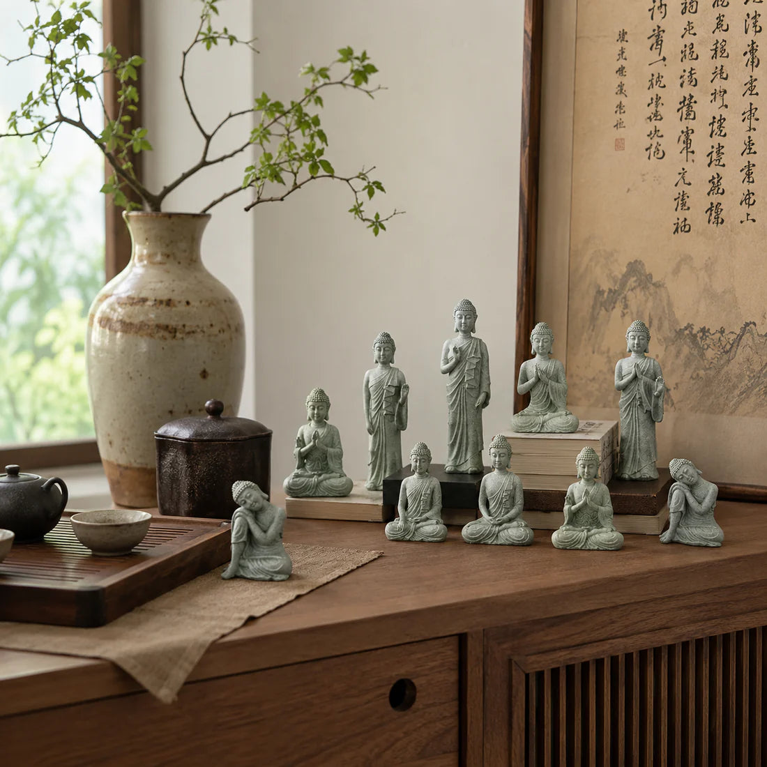 Bộ 3 Tượng Phật Thích Ca Mâu Ni Mini Đá Xanh- Tam Tịnh Tâm Decor