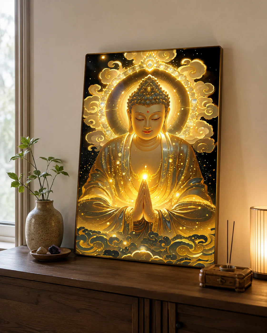 P04 - Tranh tráng gương Phật phát sáng hào quang