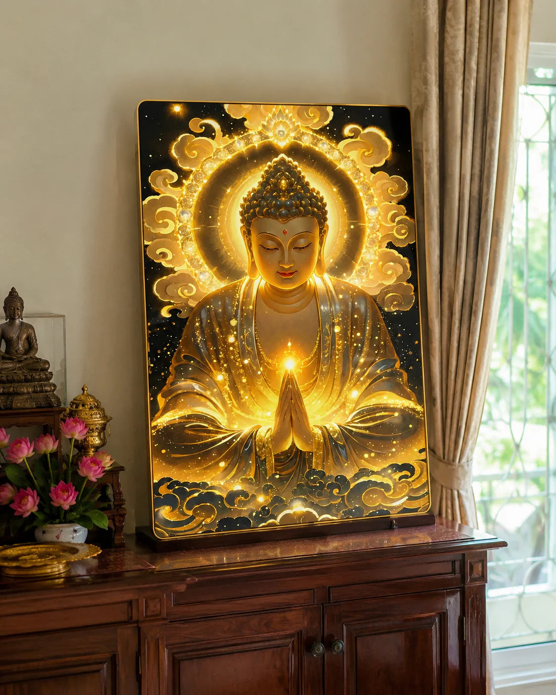 P04 - Tranh tráng gương Phật phát sáng hào quang