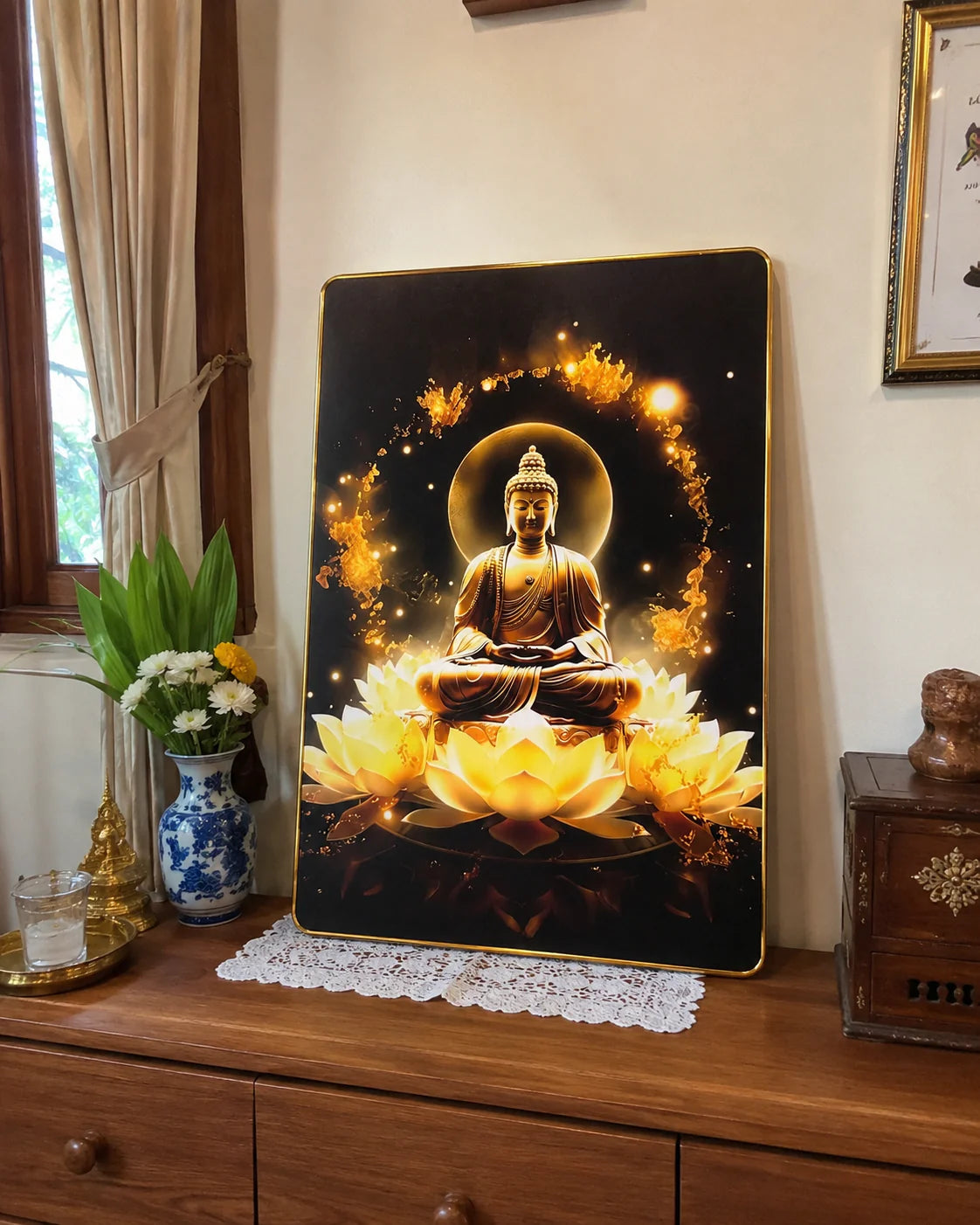 P01 - Tranh tráng gương Phật đài hoa sen