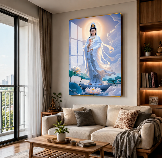 QA3 - Tranh tráng gương Bồ Tát đứng hồ sen