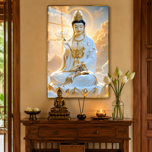 QA1 - Tranh tráng gương Bồ Tát cầm bông sen