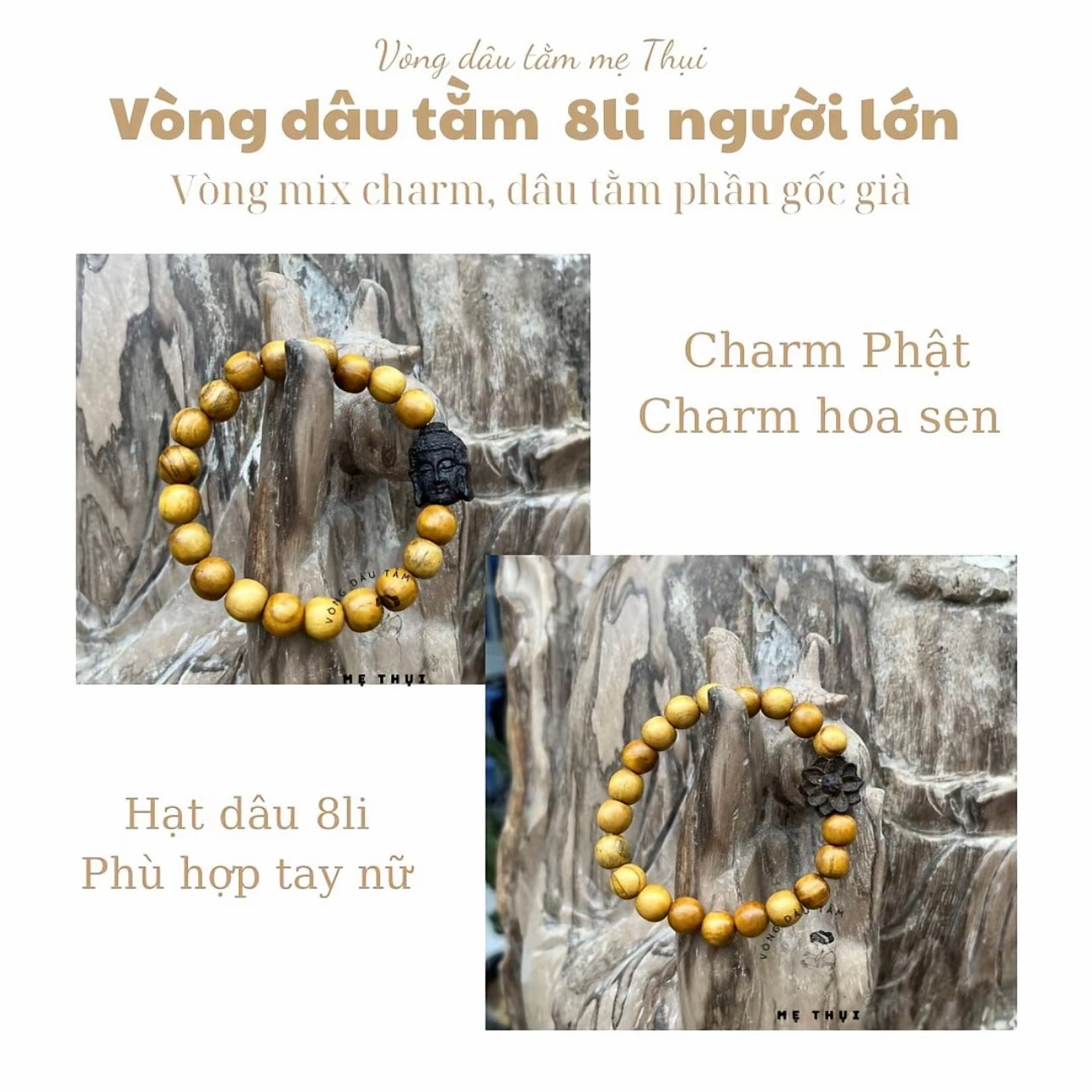 Vòng dâu tằm gốc 8 li mix charm hoa sen