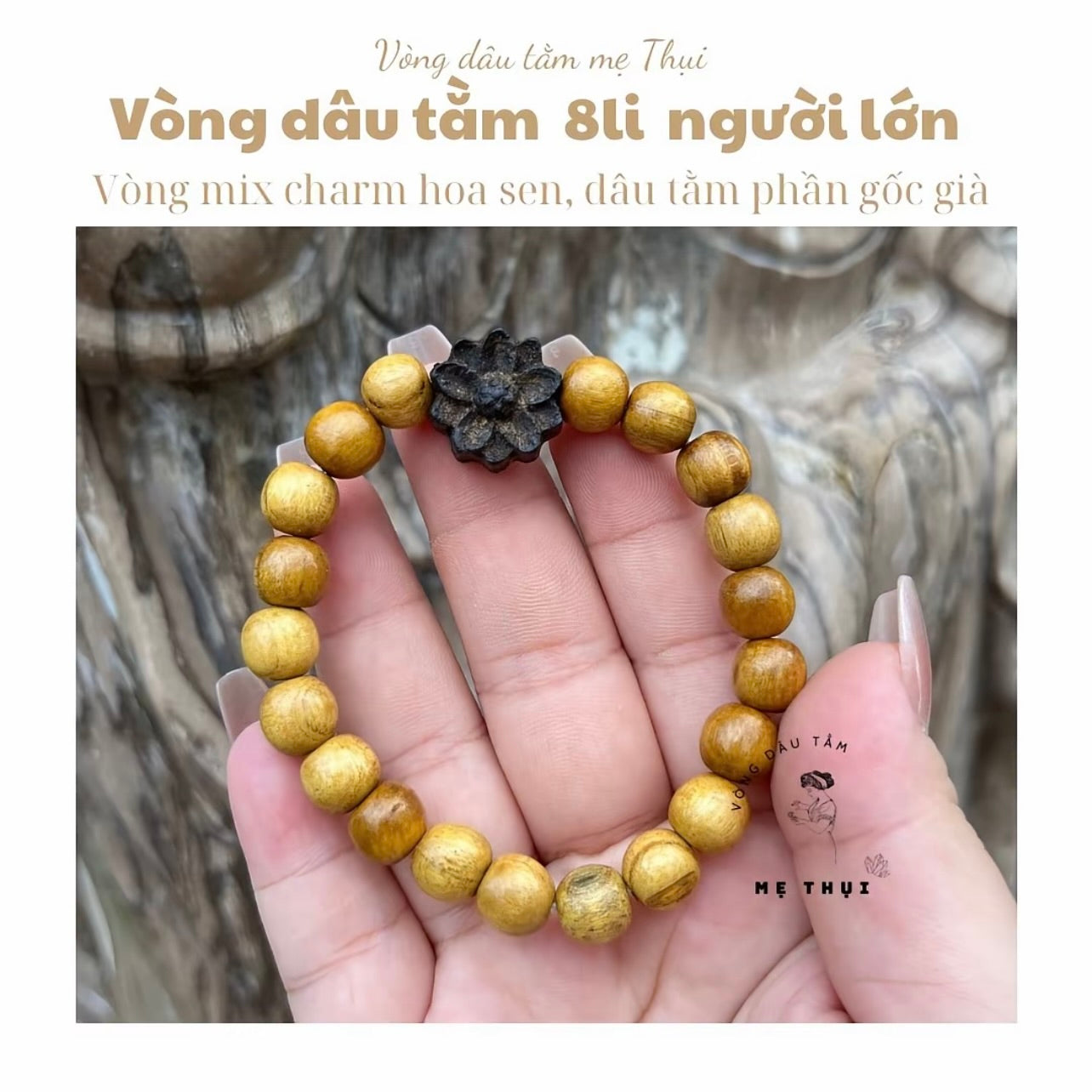 Vòng dâu tằm gốc 8 li mix charm hoa sen