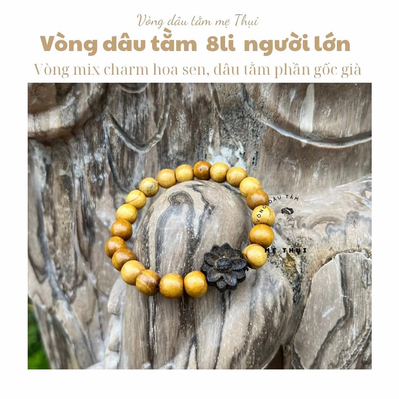 Vòng dâu tằm gốc 8 li mix charm hoa sen