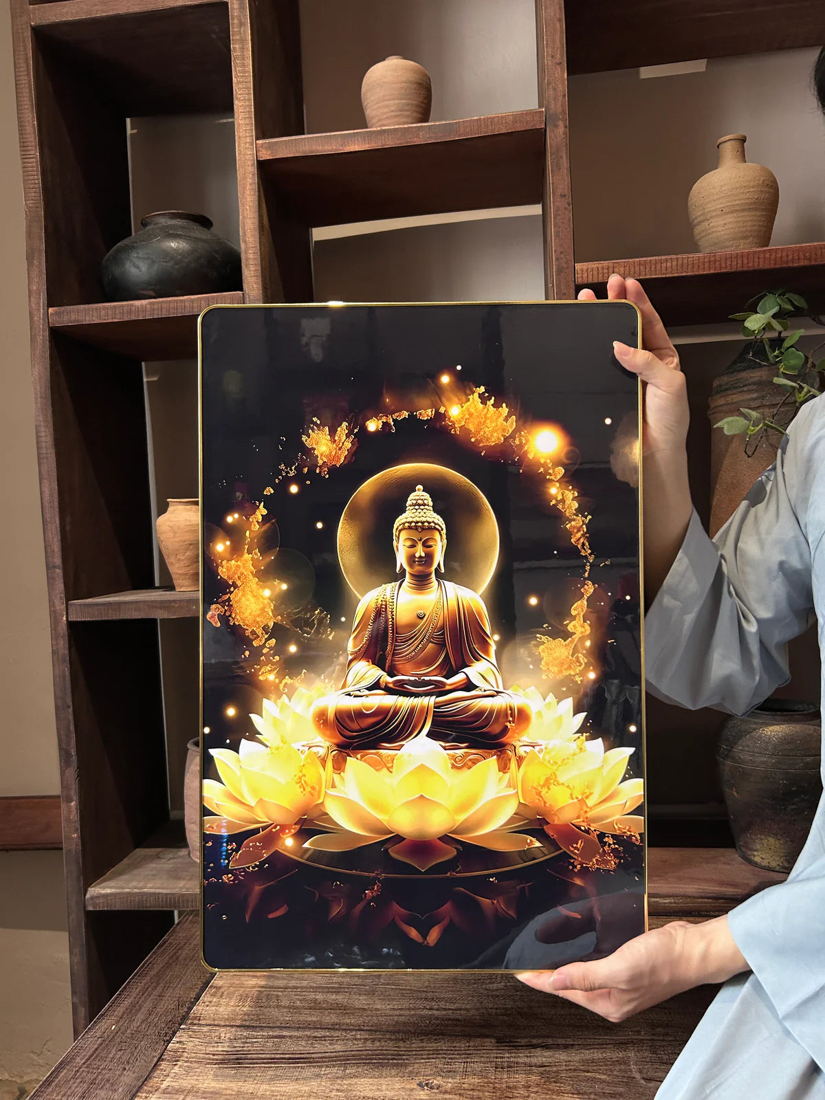 P01 - Tranh tráng gương Phật đài hoa sen