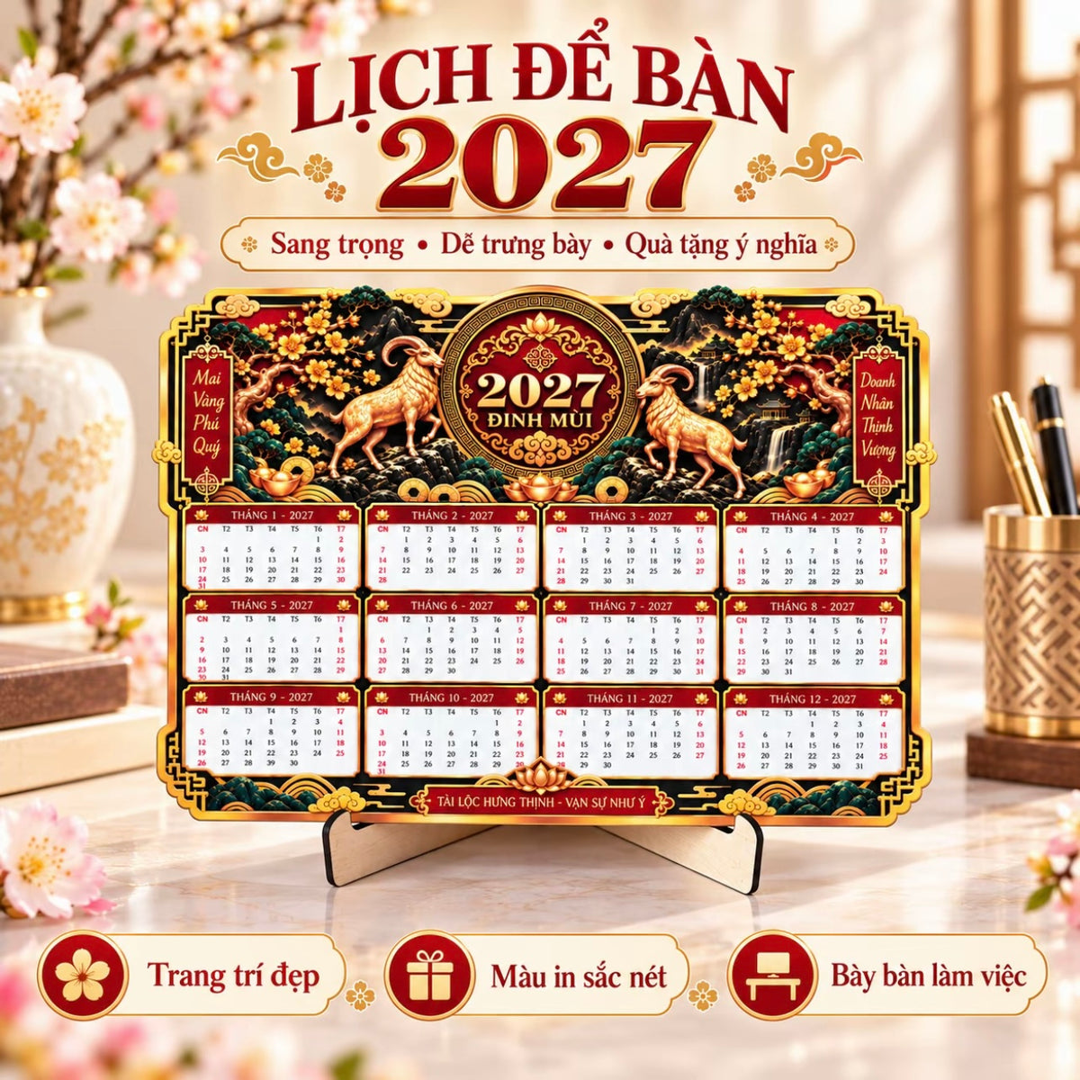 [Tặng Chân Đế] Lịch Để Bàn 2027 Đinh Mùi - Lịch Tết 12 Tháng Hình Dê Hoa Mai