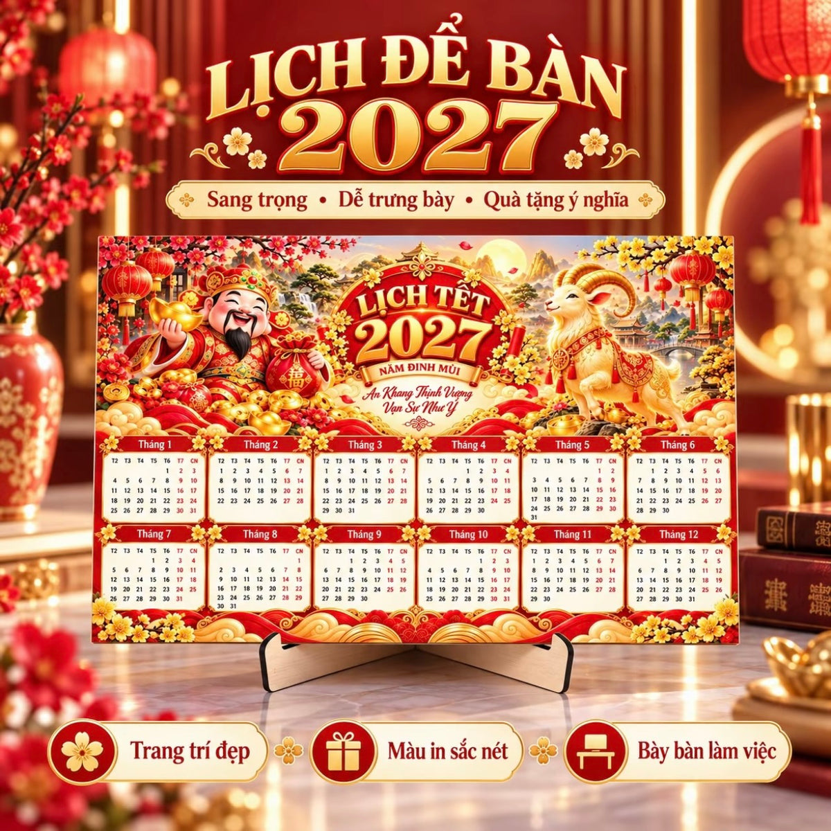[Tặng Chân Đế] Lịch Để Bàn 2027 Đinh Mùi - Lịch Tết 12 Tháng Hình Dê Hoa Mai