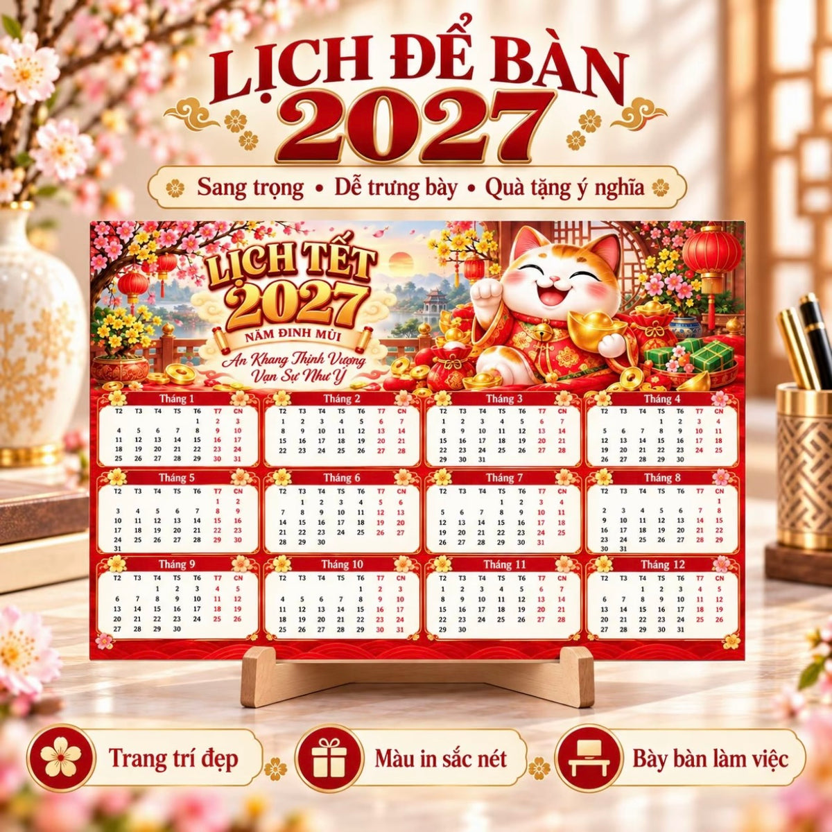 [Tặng Chân Đế] Lịch Để Bàn 2027 Đinh Mùi - Lịch Tết 12 Tháng Hình Dê Hoa Mai