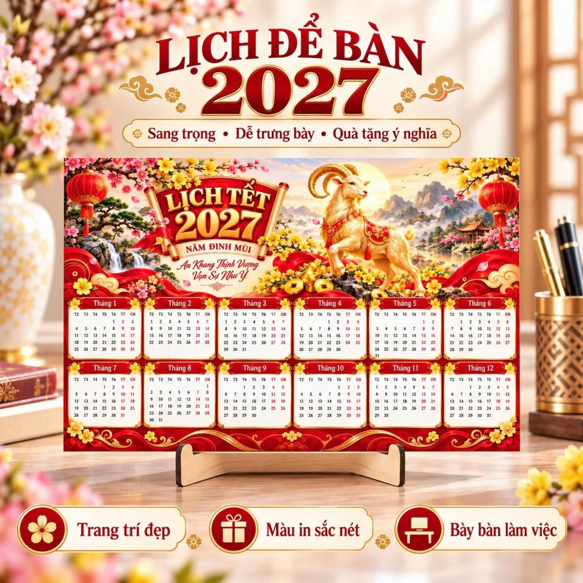 [Tặng Chân Đế] Lịch Để Bàn 2027 Đinh Mùi - Lịch Tết 12 Tháng Hình Dê Hoa Mai
