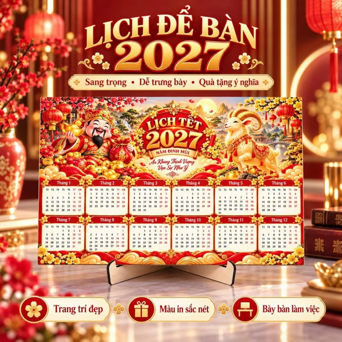 [Tặng Chân Đế] Lịch Để Bàn 2027 Đinh Mùi - Lịch Tết 12 Tháng Hình Dê Hoa Mai
